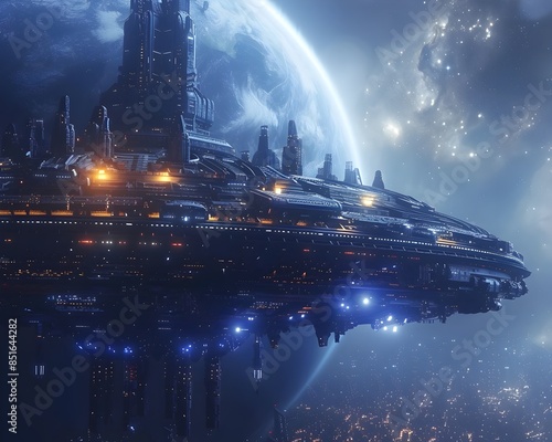 Fototapeta Naklejka Na Ścianę i Meble -  Massive Orbital Space Station Serving as Interstellar Travel Hub Near Blue Supergiant Star