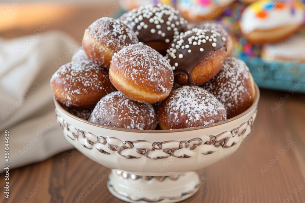 Freshly baked donuts dusted with powdered sugar in elegant bowl Freshly baked donuts dusted with powdered sugar in elegant bowl