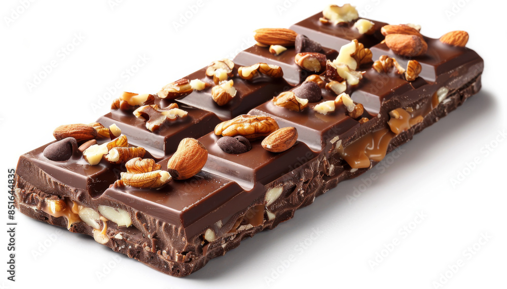 delicious chocolate bar with caramel and nuts isolated on white background delicious chocolate bar with caramel and nuts isolated on white background
