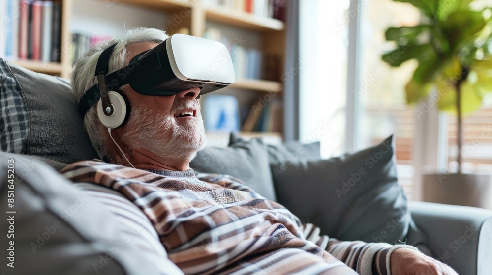 Senior man exploring the world through virtual reality glasses, sitting on his couch Senior man exploring the world through virtual reality glasses, sitting on his couch
