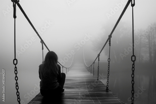 Lonely depressed woman sitting on a bridge in foggy scenery. Mental health, anxiety, and stress concept photo