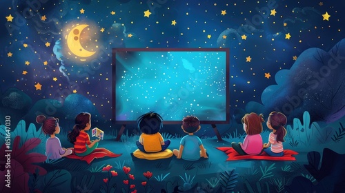 Illustrated children watching a starry night sky on a screen, experiencing a magical and educational adventure under the moonlight, reflecting curiosity and wonder