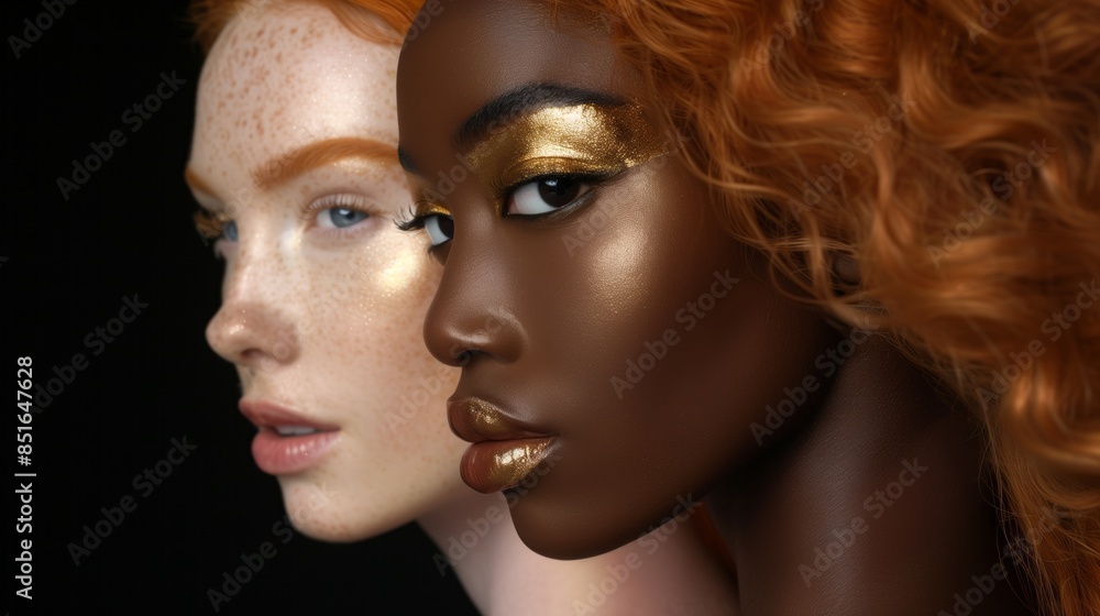 Fototapeta premium Contrasting profiles of black and white models with dark backdrop.