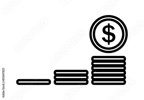 Icono negro de monedas en crecimiento en dólar por beneficios
