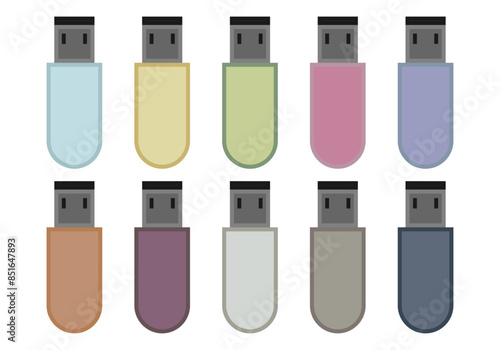 Hoja de iconos de almacenamiento USB o pendrive en fondo blanco