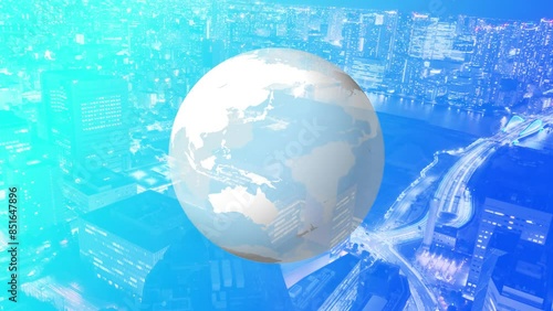 地球と都市高層ビルの夜景、エネルギー持続可能イメージ