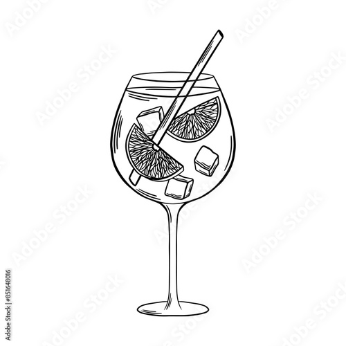 Aperol Spritz Cocktail black and white outline illustration. Bar drink line art. Engraving style. Line drawing