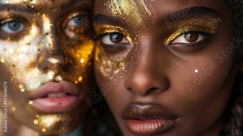 Contrasting profiles of two models covered with gold with dark backdrop. © Premium_art