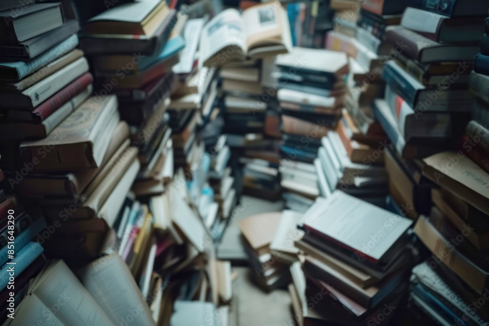 Piles of books forming narrow corridors in a dimly lit room Piles of books forming narrow corridors in a dimly lit room