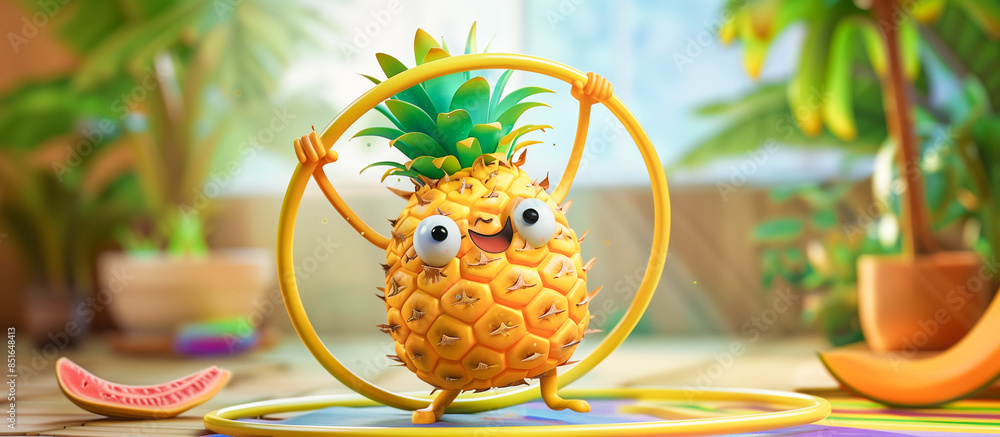 cheerfully cute pineapple engaging in a hula hoop showcasing work out summer sport activities