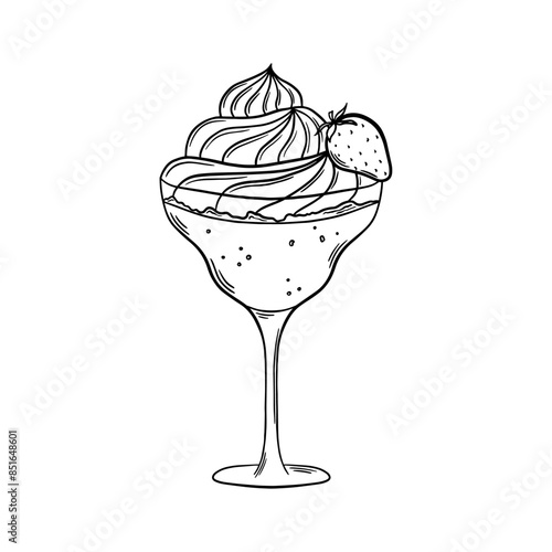 Strawberry Daiquiri Cocktail black and white outline vector illustration. Bar drink line art. Engraving style. Line drawing