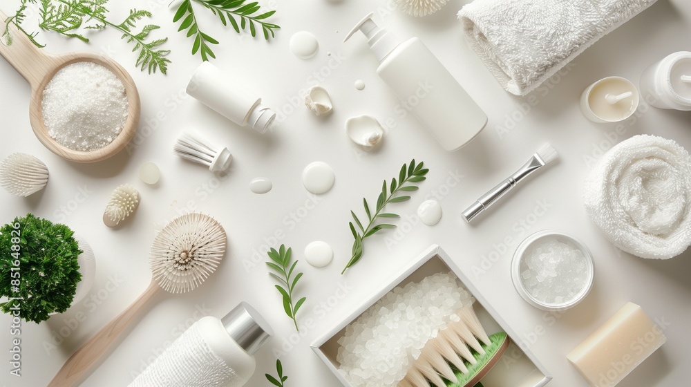 Eco-friendly spa products arrangement on white backdrop. Eco-friendly spa products arrangement on white backdrop.