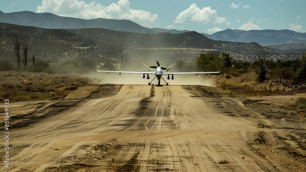 Fototapeta premium Aircraft Takeoff Dusty Rural Runway Landscape Adventure