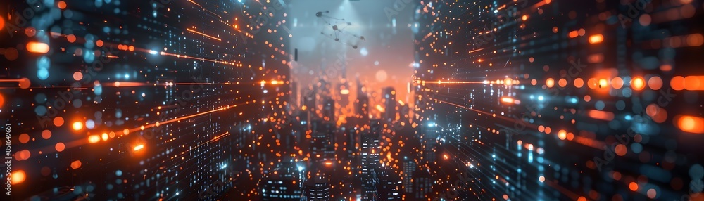 Fototapeta premium Futuristic Simulated Urban Landscape with Illuminated Cityscape and Digital Networks