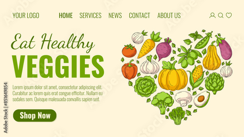 Farm fresh vegetables, heart shape. Order organic food, natural veggies, healthy food home delivery. Landing page vector template for website, web, grocery, online store, farmer market.