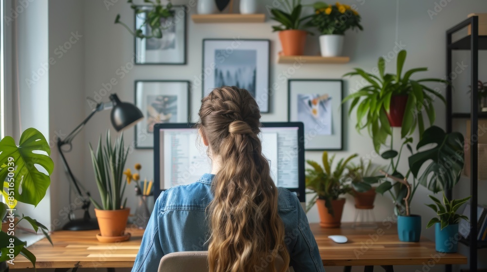 Young Woman Working on a Computer in a Bright and Modern Home Office with Lush Plants and Natural Light Young Woman Working on a Computer in a Bright and Modern Home Office with Lush Plants and Natural Light