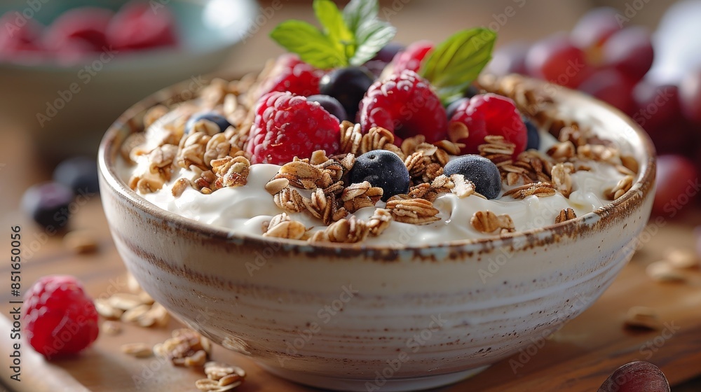 Inviting bowl of natural yogurt served with granola, mixed berries, and a touch of mint for a healthy treat Inviting bowl of natural yogurt served with granola, mixed berries, and a touch of mint for a healthy treat