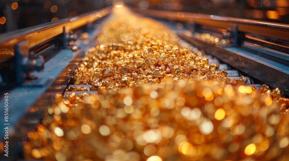 Glimmering candies are transported by a conveyor system in an industrial setting with focus on movement Glimmering candies are transported by a conveyor system in an industrial setting with focus on movement