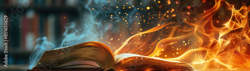 A book with blue smoke and fire coming out of it photo