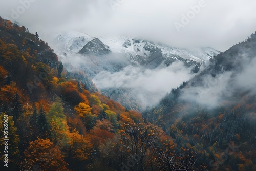 A breathtaking mountain range shrouded in clouds and mist, with snow-capped peaks reaching towards the sky. The valley below is filled with dense forests of evergreens and vibrant autumn foliage