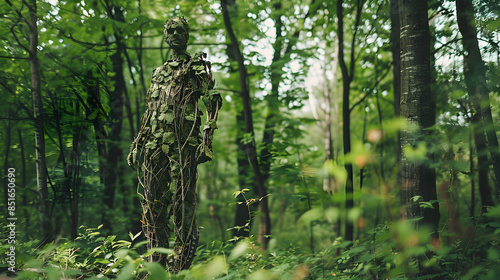 Nature's Camouflage - Person in Leaf and Branch Suit Blending into Forest Foliage