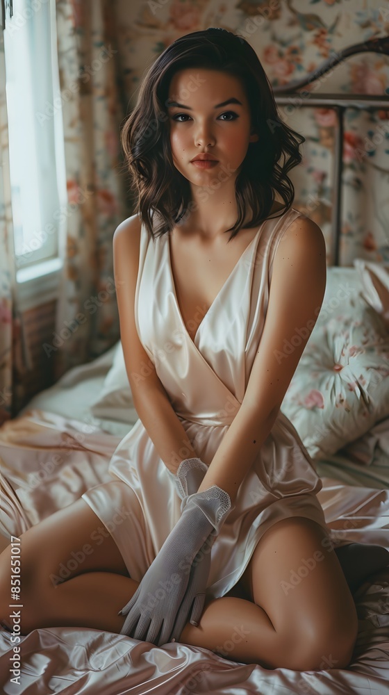 Fototapeta premium European beauty in silk pajamas relaxing at home, showcasing elegance and comfort.