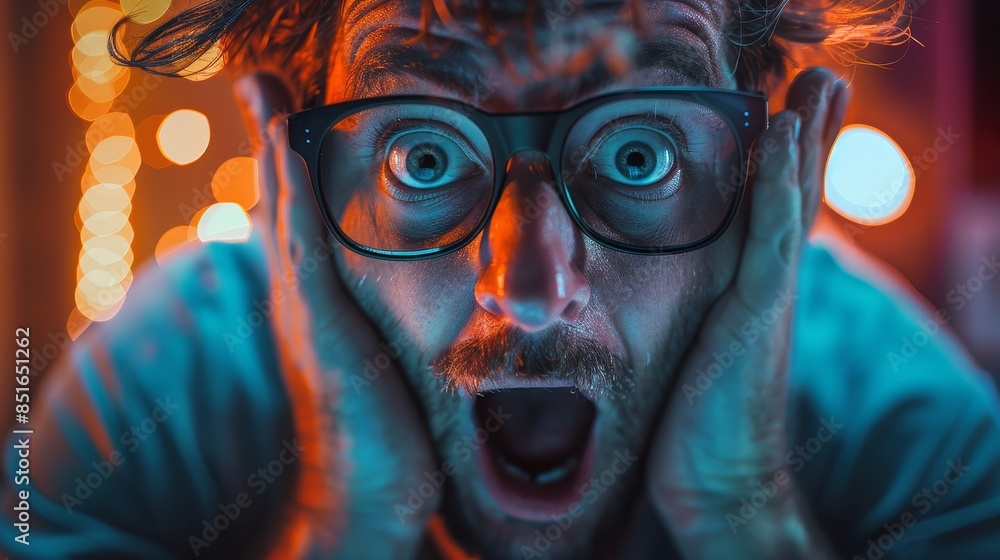 A man with glasses and a beard is looking at the camera with his eyes wide open A man with glasses and a beard is looking at the camera with his eyes wide open
