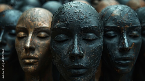Multiple black sculpted heads with raindrops, suggesting themes of conformity and anonymity © svastix