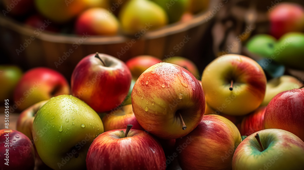 A crate of apples with a few of them wet. The apples are red and shiny. The crate is wooden and has a rustic feel A crate of apples with a few of them wet. The apples are red and shiny. The crate is wooden and has a rustic feel