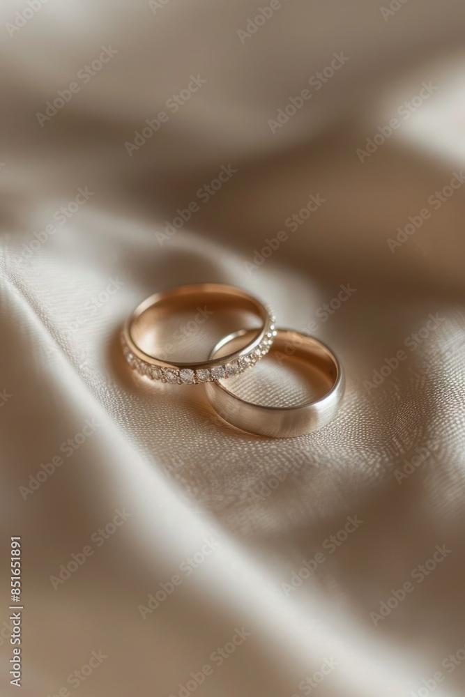 Closeup of minimalist wedding rings on beige fabric. Closeup shot focusing on the ring details. The style is minimalist with clear textures and warm tones. Closeup of minimalist wedding rings on beige fabric. Closeup shot focusing on the ring details. The style is minimalist with clear textures and warm tones.