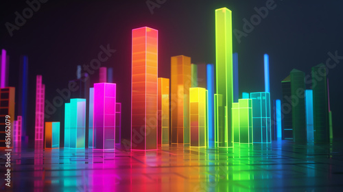 A colorful bar chart shining against a dark backdrop, with basic structures below. © Azazul