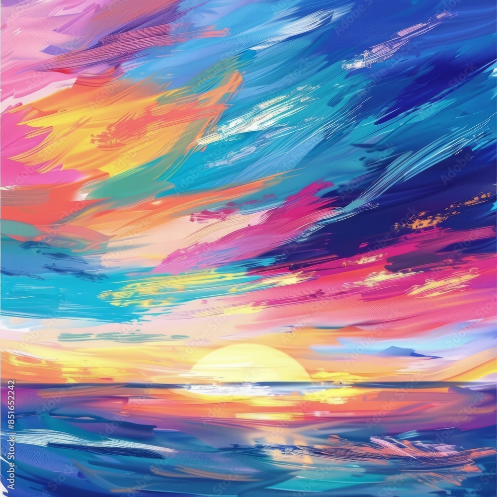 A painting of a sunset with a sun in the sky