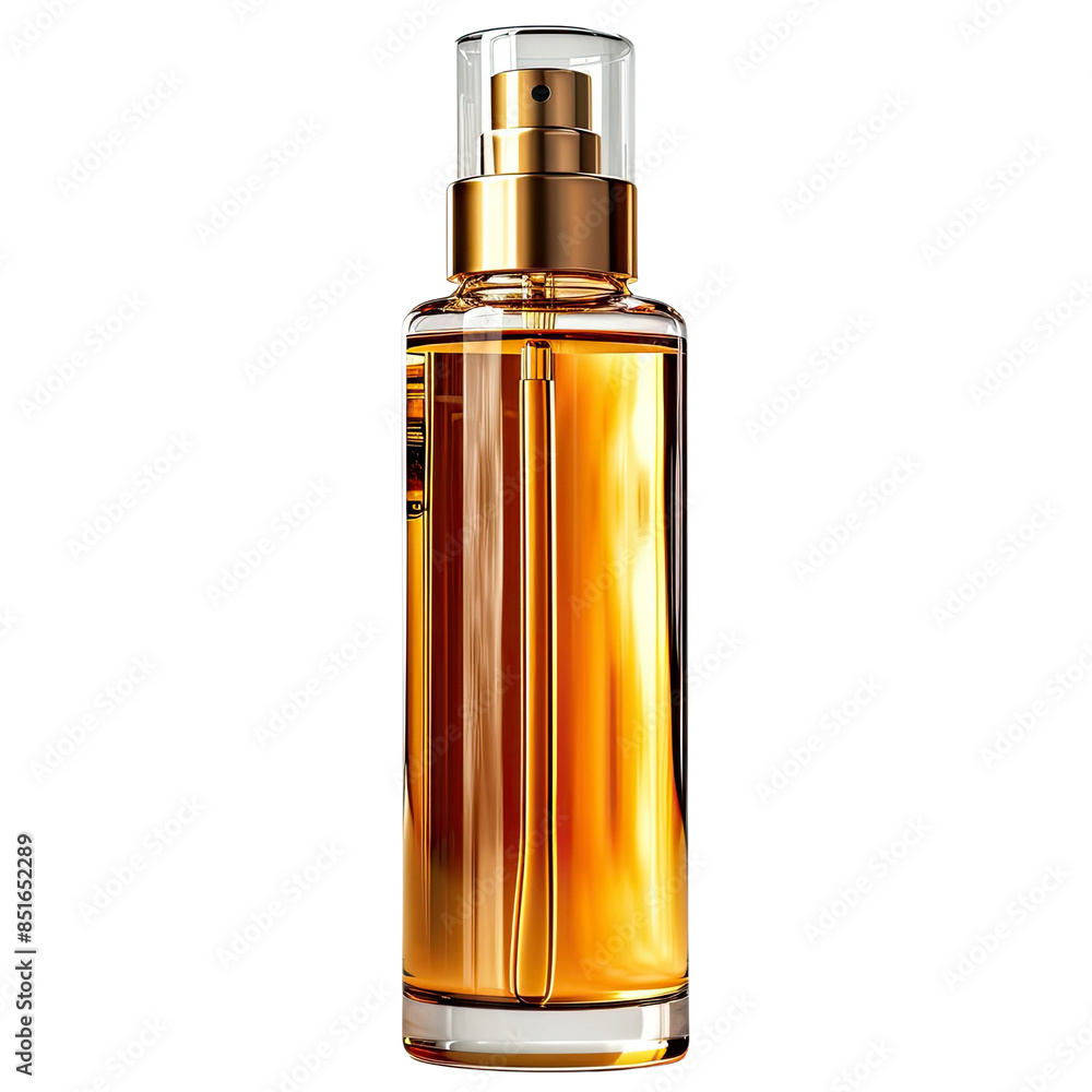 3D rendering of a transparent bottle with amber liquid and a gold lid isolated on transparent background 3D rendering of a transparent bottle with amber liquid and a gold lid isolated on transparent background