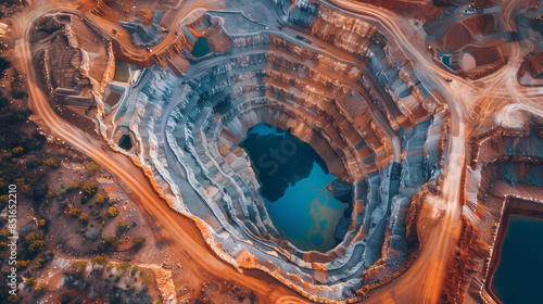 Aerial perspective of a colorful open pit mine. A striking contrast between the natural tones of the earth and the intense colors of the excavations. photo