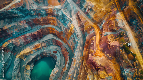 Aerial perspective of a colorful open pit mine. A striking contrast between the natural tones of the earth and the intense colors of the excavations.