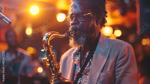 A musician is captured playing saxophone on stage with vibrant stage lighting and a musical atmosphere photo