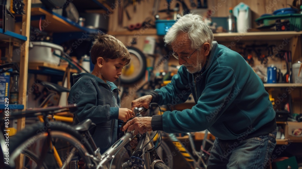 Obraz premium Senior man showing a young boy how to fix a bicycle in a garage