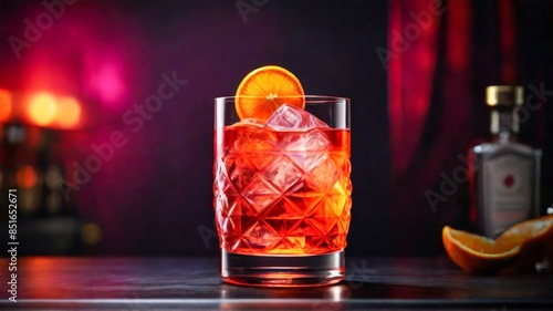 Aromatic negroni cocktail Professional food photography, neon glowing lights in background, advertisement promo style  photo