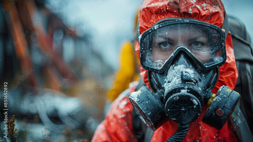 An individual clad in a red hazmat suit with a helmet is partially shown against a blurred background, indicating a hazardous environment An individual clad in a red hazmat suit with a helmet is partially shown against a blurred background, indicating a hazardous environment