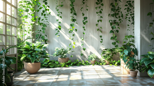 Green pothos in pots placed on the floor or suspended at height create impressive green compositions. Their long, lively vines twist and climb up the walls. photo