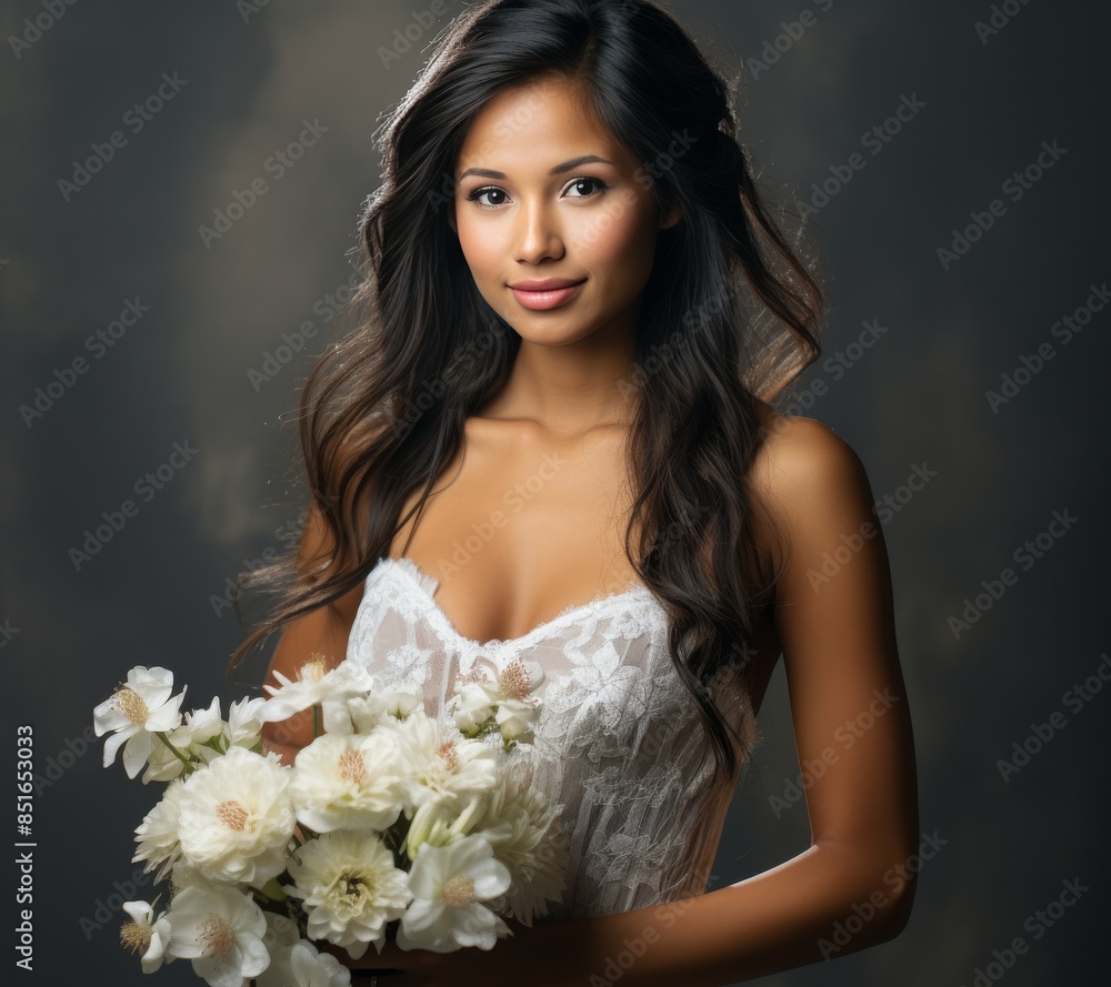 A woman is holding a bouquet of white flowers and wearing a white dress A woman is holding a bouquet of white flowers and wearing a white dress