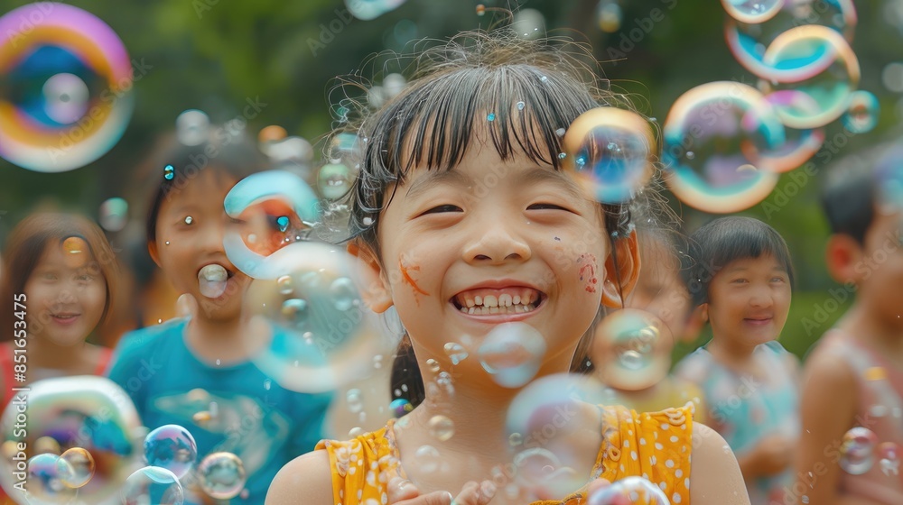 Obraz premium A joyful young girl having fun with bubbles while playing with friends in a vibrant outdoor setting during a sunny day