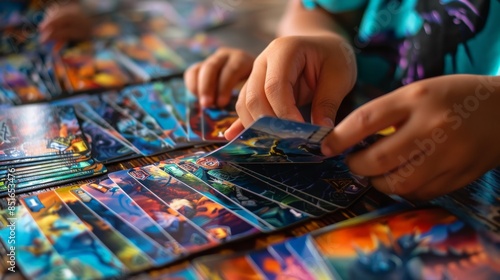 Child's hands sorting through colorful trading cards, displaying vibrant illustrations and designs, focusing on fantasy and adventure themes.