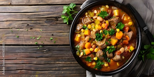 Hearty Stew Recipe with Corn, Beans, Meat, Squash, and Veggies. Concept Corn, Beans, Meat, Squash, Veggies, Hearty Stew Recipe