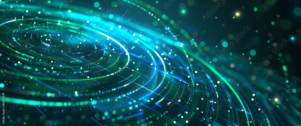 Blue background with glowing green lines and circles, futuristic design Blue background with glowing green lines and circles, futuristic design