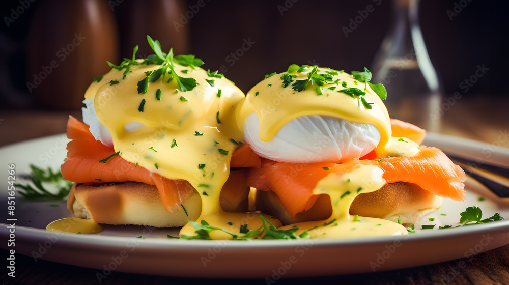 Eggs Benedict with salmon food photography poster background Eggs Benedict with salmon food photography poster background