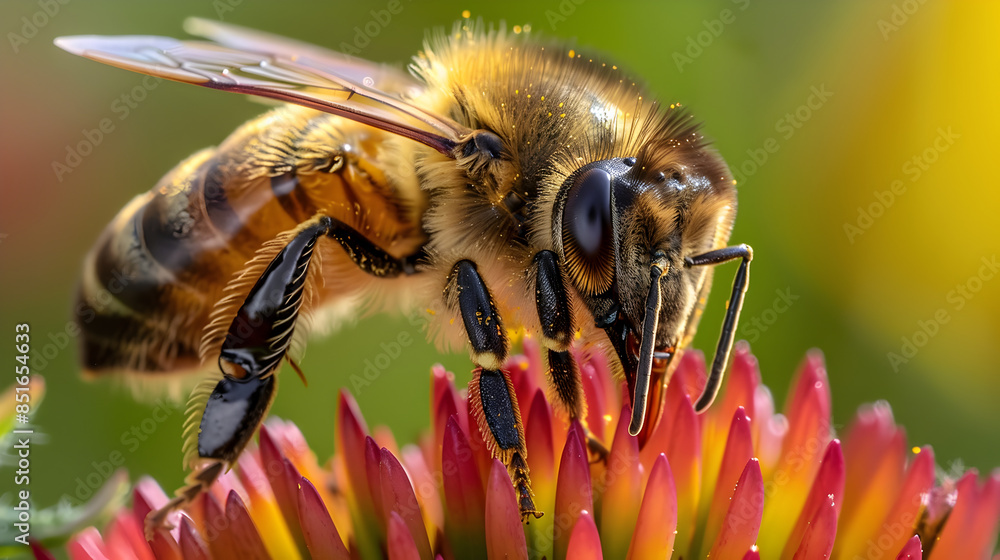 Macro Close Up of Honeybee on Vibrant Flower Showing Detailed Wings, Fuzzy Body, and Pollen Collection Macro Close Up of Honeybee on Vibrant Flower Showing Detailed Wings, Fuzzy Body, and Pollen Collection