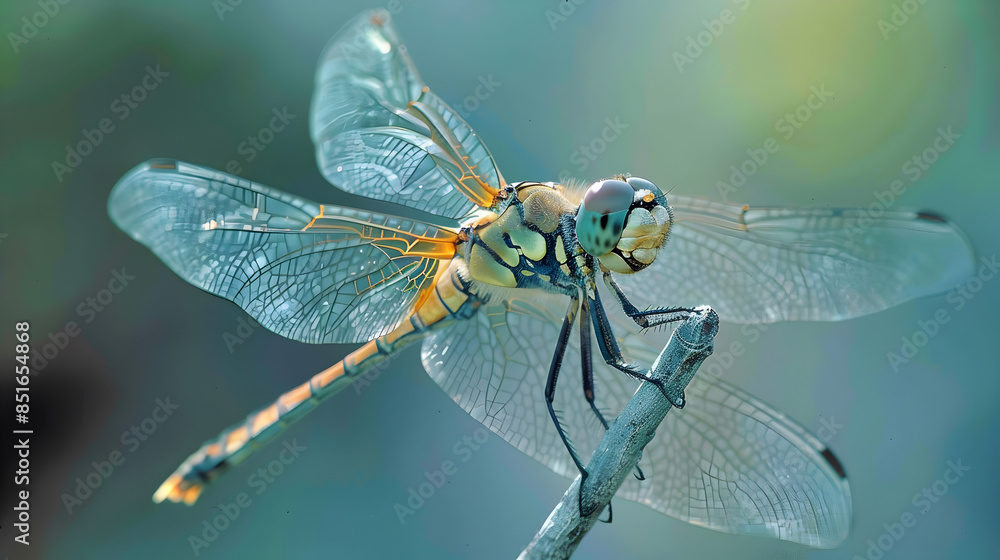 Macro Shot of Dragonfly Perched on Twig with Transparent Veined Wings and Large Multifaceted Eyes Macro Shot of Dragonfly Perched on Twig with Transparent Veined Wings and Large Multifaceted Eyes