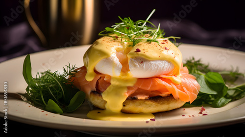 Eggs Benedict with salmon food photography poster background