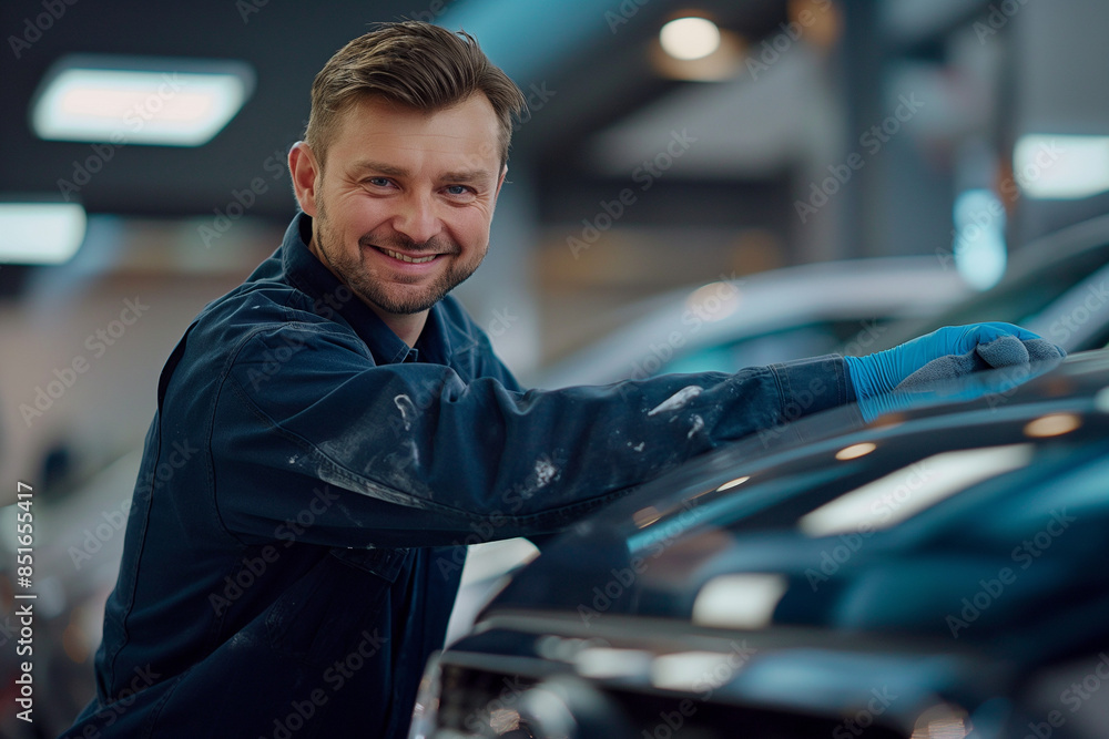 Create a hyper-realistic publicity photo, Extreme Closeup Shot of a smiling 40-year-old Czech man cleaning the showroom of a car dealership in a blue suit. Forty year old handsome smiling man cleaning Create a hyper-realistic publicity photo, Extreme Closeup Shot of a smiling 40-year-old Czech man cleaning the showroom of a car dealership in a blue suit. Forty year old handsome smiling man cleaning